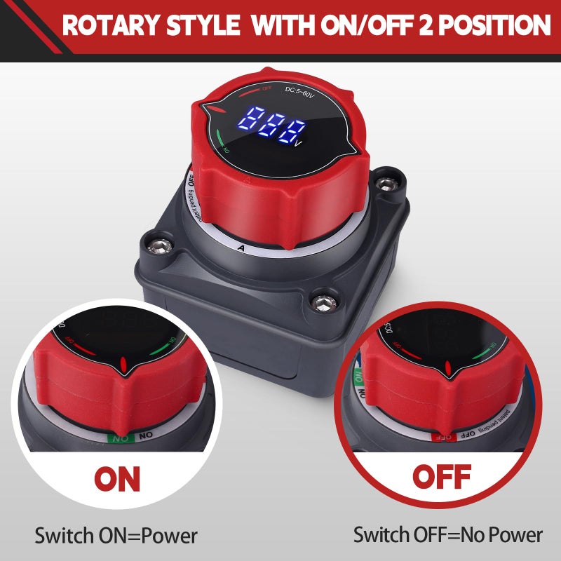 Upgrade Battery Disconnect Switch with Voltmeter, DC 5-60V Master Isolator Cut/Shut Off Switch for Marine Boat Car Truck Camper RV Trailer Vehicles Engine Application (On/Off) - Image 3