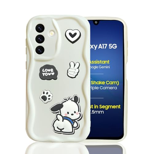 KC Back Cover for Samsung Galaxy M17 5G / Samsung Galaxy F17 5G - 3D Cute New Curly Wave Frame Cartoon Characters and Puppy Shockproof Soft Bumper Silicone Case with Camera Protection (White) - Image 1