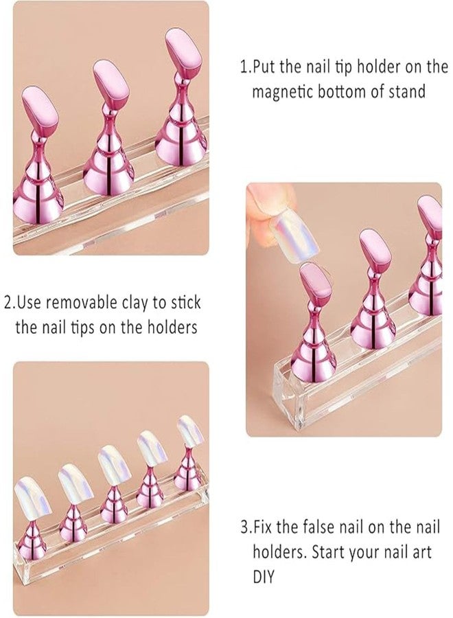 Blulu 2 Sets Nail Stand for Press on Acrylic Nails Display Practice Magnetic Fake Nail Holder for Painting Nails for False Fingernail Manicure Tool Home DIY Salon Supplies(Pink and Silver) - Image 3