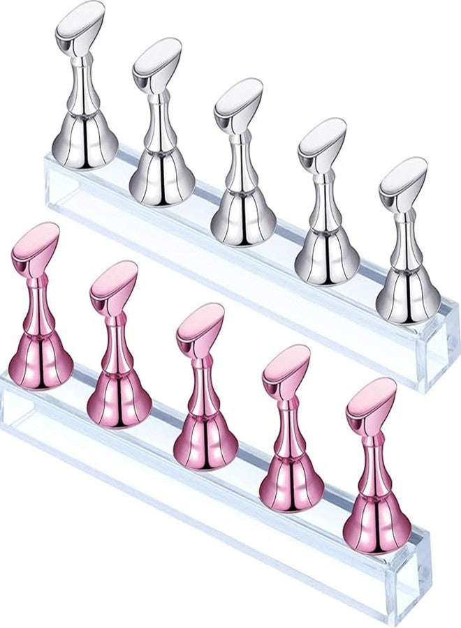 Blulu 2 Sets Nail Stand for Press on Acrylic Nails Display Practice Magnetic Fake Nail Holder for Painting Nails for False Fingernail Manicure Tool Home DIY Salon Supplies(Pink and Silver) - Image 1