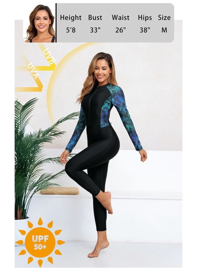 ALLTOKE Womens Full Body Zip Front Rash Guard Long Sleeve One Piece Bathing Suit with Built in Bra UPF50+ Surf Swimsuit, Black/Green Lines, M - Image 5