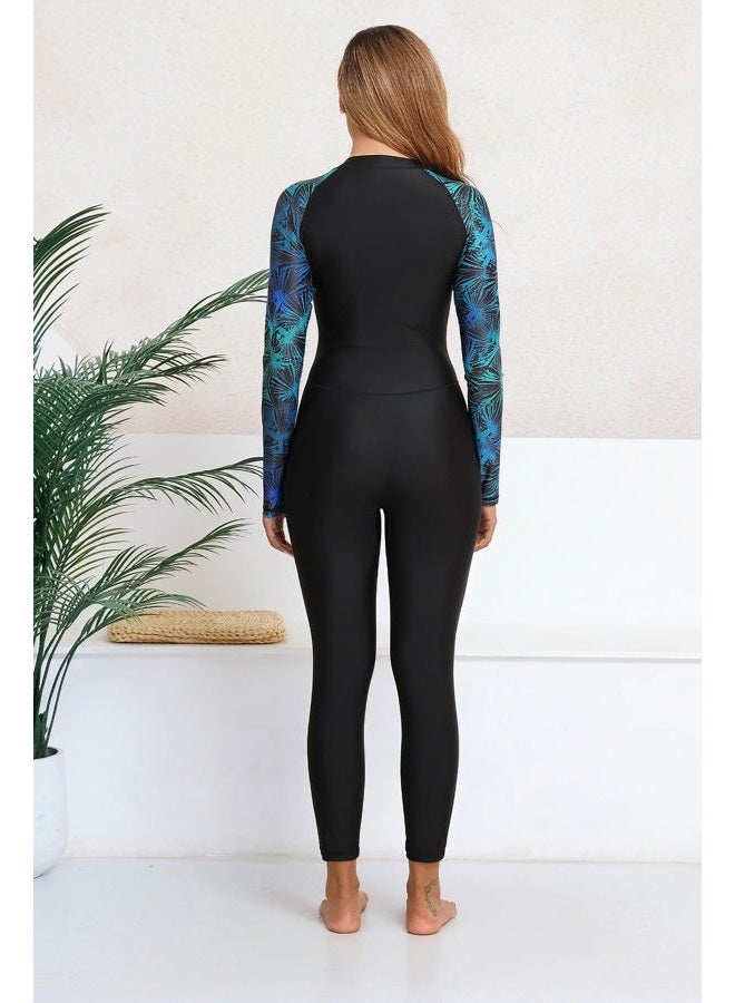ALLTOKE Womens Full Body Zip Front Rash Guard Long Sleeve One Piece Bathing Suit with Built in Bra UPF50+ Surf Swimsuit, Black/Green Lines, M - Image 2