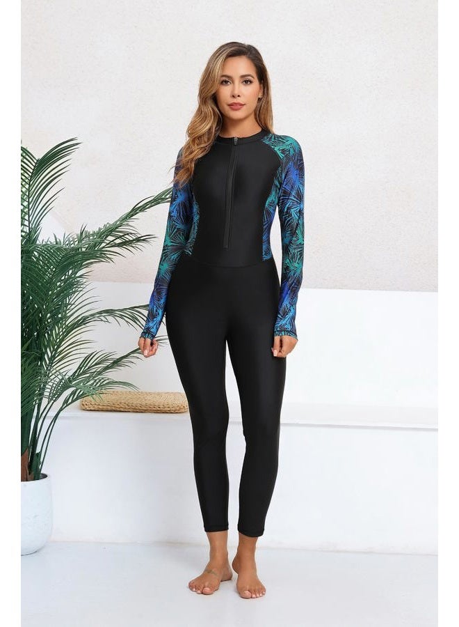 ALLTOKE Womens Full Body Zip Front Rash Guard Long Sleeve One Piece Bathing Suit with Built in Bra UPF50+ Surf Swimsuit, Black/Green Lines, M - Image 3