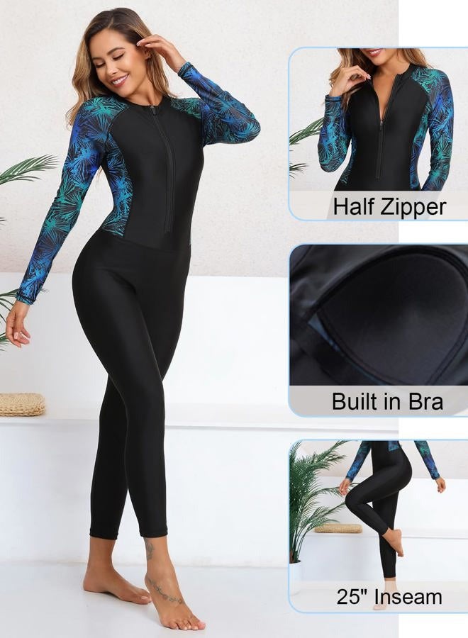 ALLTOKE Womens Full Body Zip Front Rash Guard Long Sleeve One Piece Bathing Suit with Built in Bra UPF50+ Surf Swimsuit, Black/Green Lines, M - Image 4