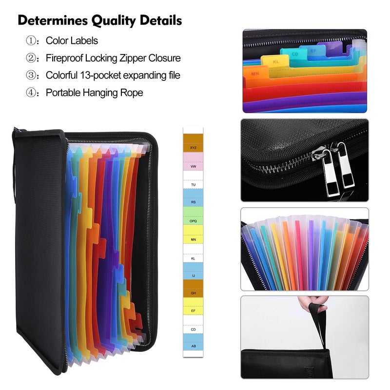 ENGPOW Fireproof Expanding File Folder with 13 Multicolored Pockets A4 Size Document Organizer with Color Labels Zipper Closure Non-Itchy Silicone Coated Portable Filing Pouch(14.3" x 9.8") - Image 2