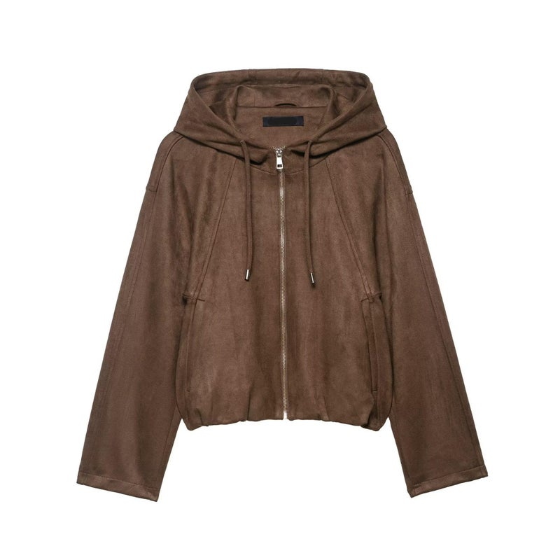 Xunger Women's Faux Suede Drawstring Hooded Jacket Bomber Casual Solid Color Zipper Outerwear with Pockets(1111-Coffee-M-RD) - Image 1