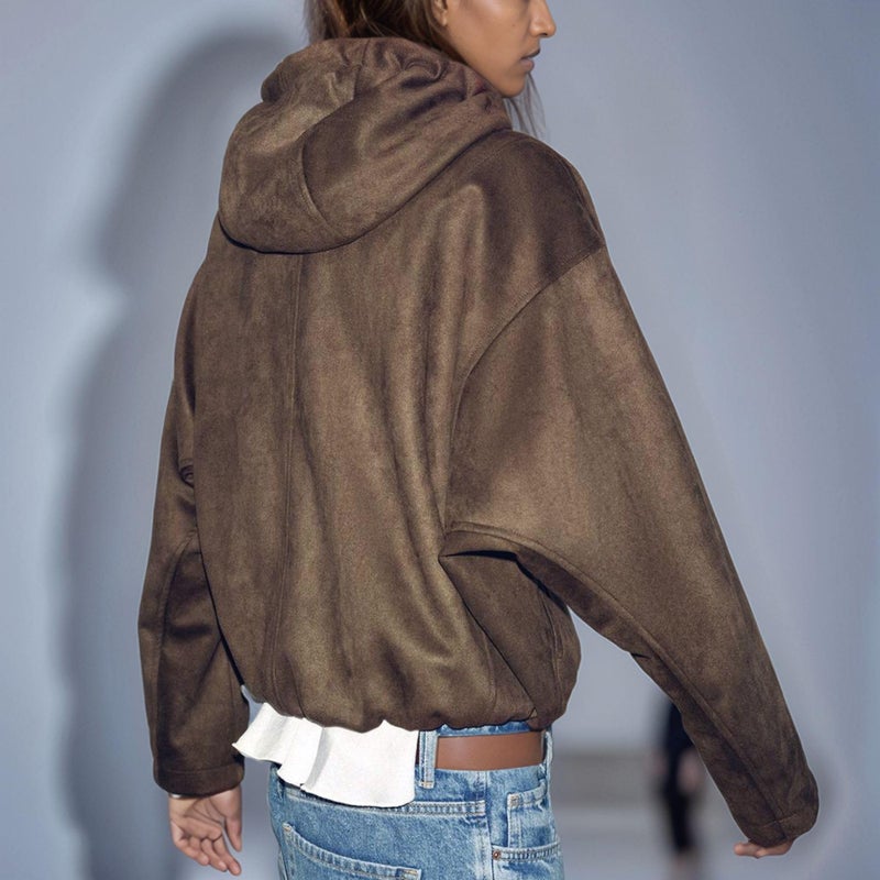 Xunger Women's Faux Suede Drawstring Hooded Jacket Bomber Casual Solid Color Zipper Outerwear with Pockets(1111-Coffee-M-RD) - Image 5