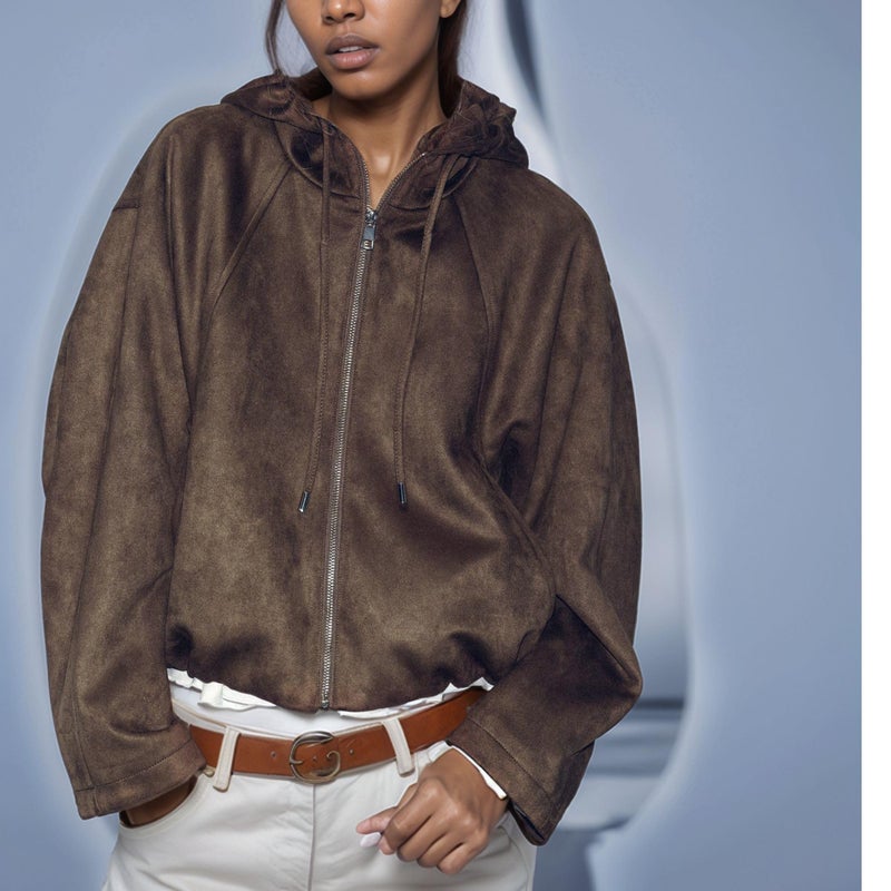 Xunger Women's Faux Suede Drawstring Hooded Jacket Bomber Casual Solid Color Zipper Outerwear with Pockets(1111-Coffee-M-RD) - Image 3