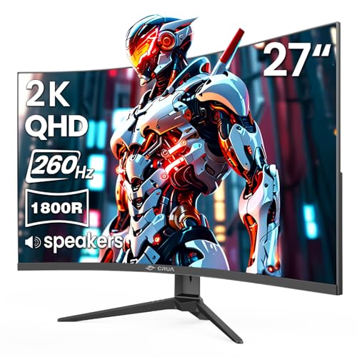 CRUA 27 Curved Gaming Monitor 260Hz240Hz QHD 1440P 1800R VA Panel Computer Monitor with Builtin Speakers Support AMD FreeSync 120 sRGB Blue Light Filter HDMI20 DP14 Wall MountableBlack - Image 1