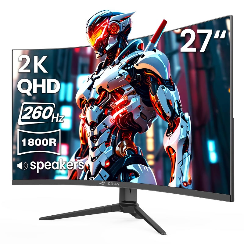 CRUA 27 Curved Gaming Monitor 260Hz240Hz QHD 1440P 1800R VA Panel Computer Monitor with Builtin Speakers Support AMD FreeSync 120 sRGB Blue Light Filter HDMI20 DP14 Wall MountableBlack - Image 2