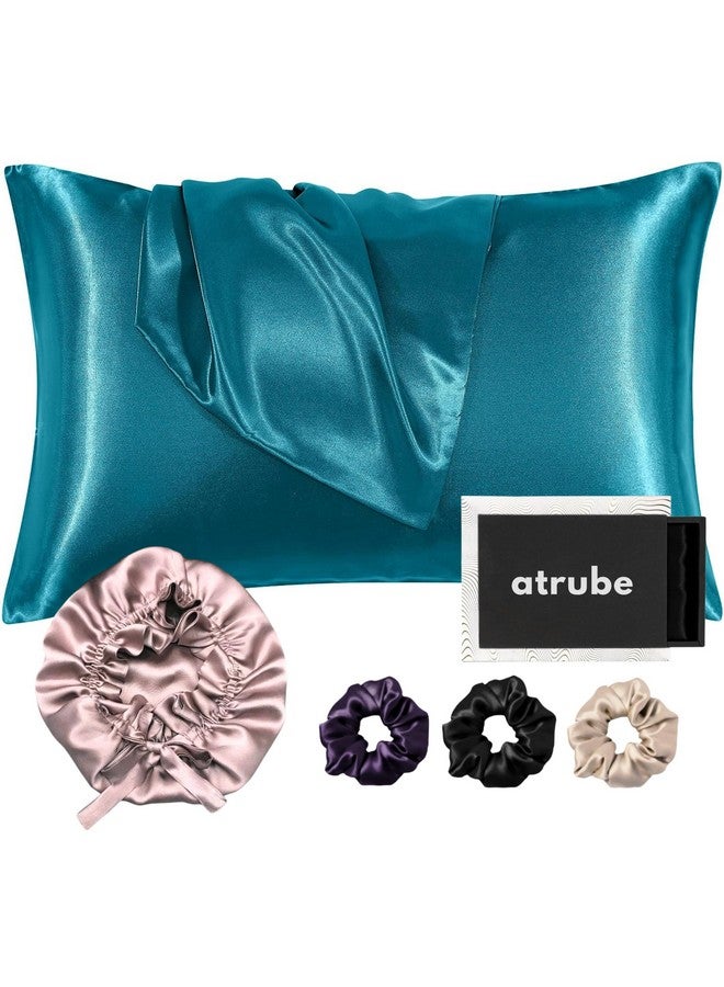 Atrube Atrube Women's Satin Silk Bonnet for Hair with Satin Pillowcase 3 Premium Scrunchies Adjustable Silk Hair Cap for Sleeping Satin Bonnet Curly Hair Ribbon Tie Band (Teal)  - Image 1
