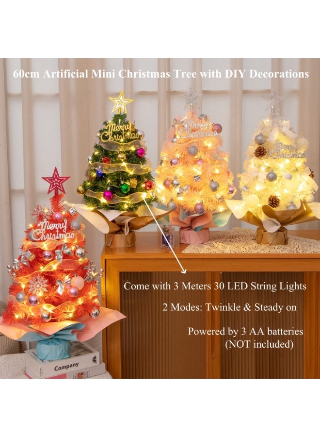 شجرة عيد الميلاد الصغيرة مع الأضواء، شجرة عيد الميلاد الاصطناعية 60 سم مع زينة على سطح الطاولة - Image 4