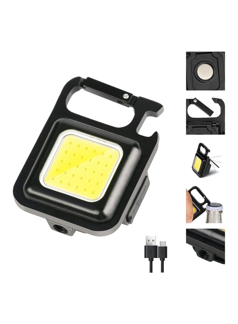 Cob small flashlights, 800lumens bright rechargeable keychain mini flashlight 3 light modes portable pocket light with folding bracket bottle opener and magnet base for fishing, walking and camping