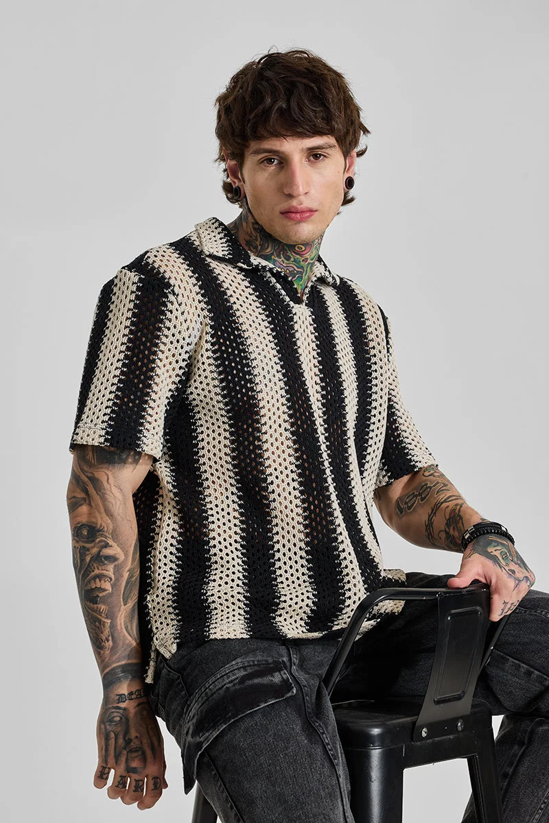 سنيتش Jet Black Striped Half Sleeve Boxy T-Shirt