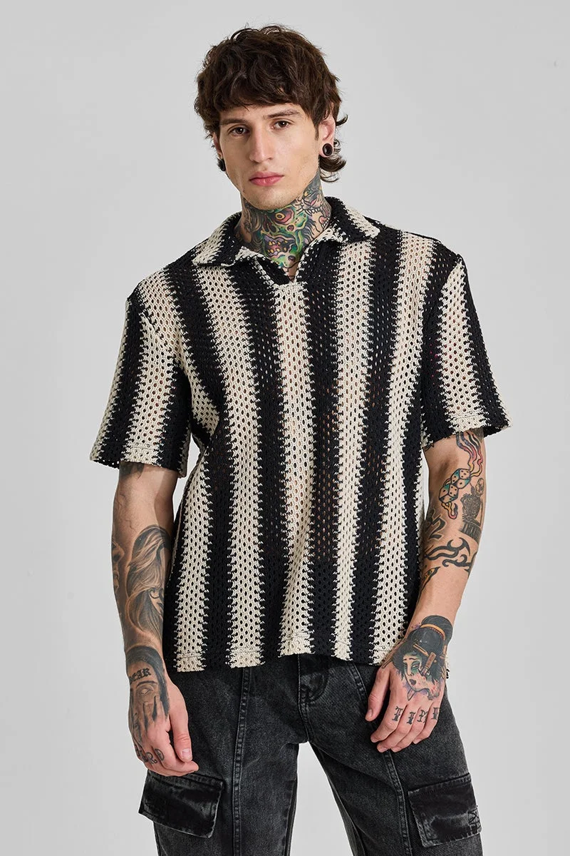 سنيتش Jet Black Striped Half Sleeve Boxy T-Shirt