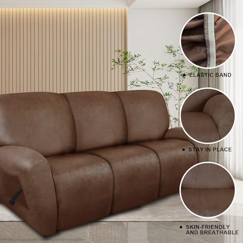 molasofa Recliner Sofa Covers - Leather Like Recliner Sofa 3 Seater Recliner Couch Covers for 3 Cushion Couch 8 Pieces Washable Stretch Reclining Sofa Slipcovers (Brown) - Image 4