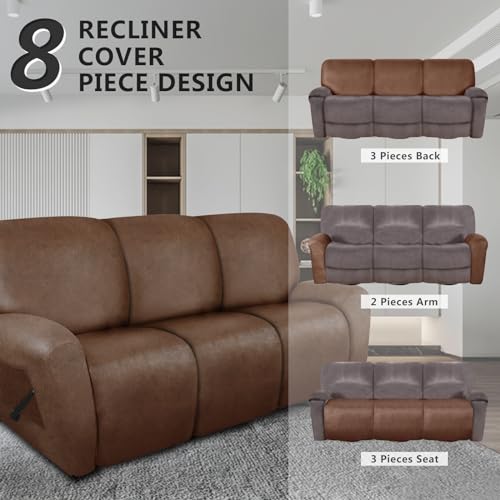 molasofa Recliner Sofa Covers - Leather Like Recliner Sofa 3 Seater Recliner Couch Covers for 3 Cushion Couch 8 Pieces Washable Stretch Reclining Sofa Slipcovers (Brown) - Image 5