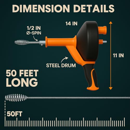 musbus 50 FT Drain Snake Hair Drain Clog Remover, Manual Or Powered, Plumbing Snake With Drill Adapte,Unclog Sink Drain Tool, Drain Auger for Toilet、Shower、Kitchen、Sink, No Auto Retract Or Feed, Orange - Image 4
