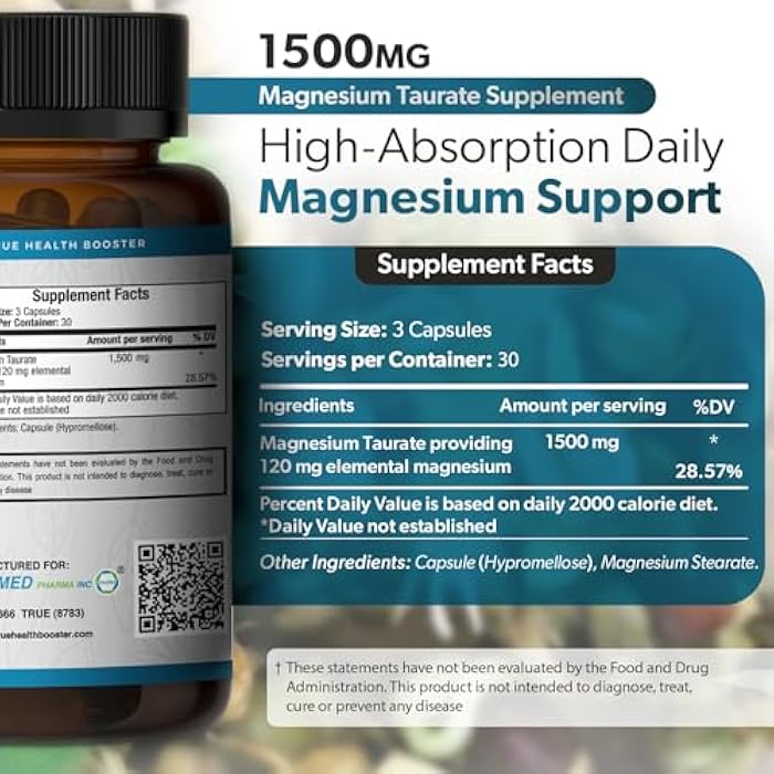 TRUEMED Natural Magnesium Taurate 1500mg – Magnesium Taurate Supplement for Heart Health, Sleep Relaxation, Blood Pressure Balance & Energy Boost with High Absorption - Made in USA, 60 Capsules - Image 3