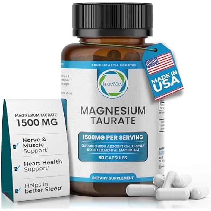 TRUEMED Natural Magnesium Taurate 1500mg – Magnesium Taurate Supplement for Heart Health, Sleep Relaxation, Blood Pressure Balance & Energy Boost with High Absorption - Made in USA, 60 Capsules - Image 1