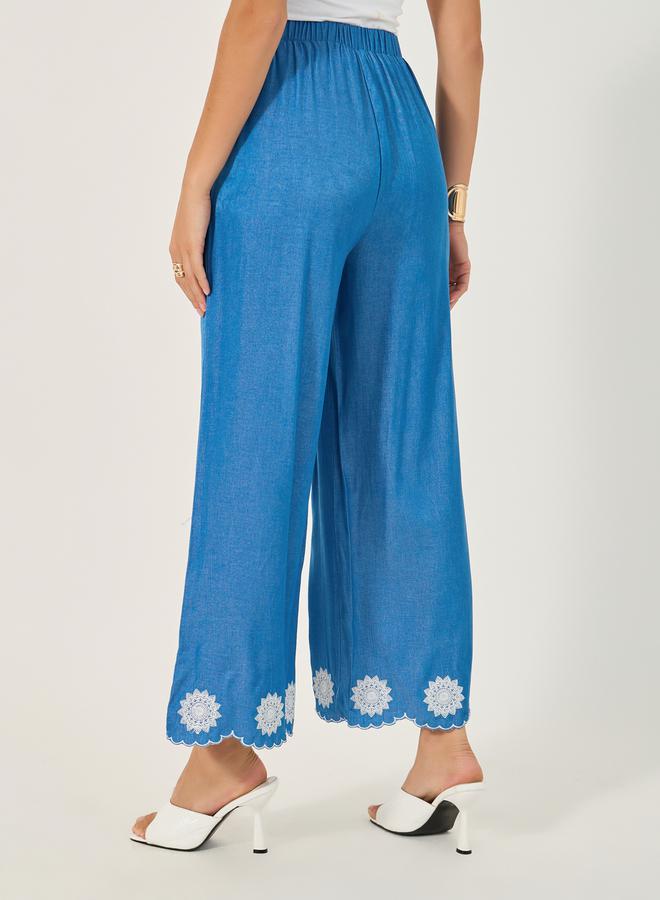 Styli Embroidered Denim Look Wide Leg Pants with Scalloped Hem  - Image 4