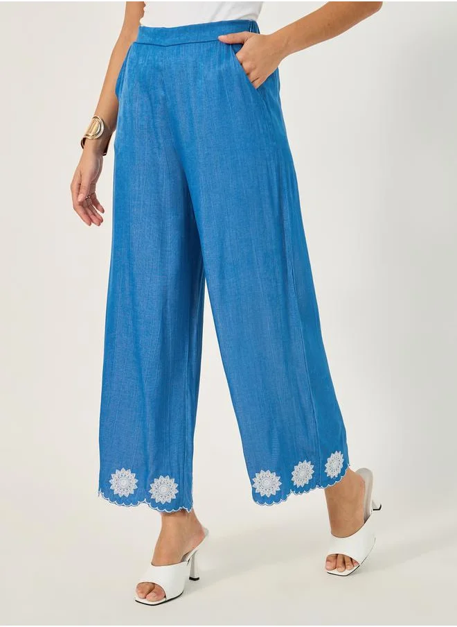 Styli Embroidered Denim Look Wide Leg Pants with Scalloped Hem