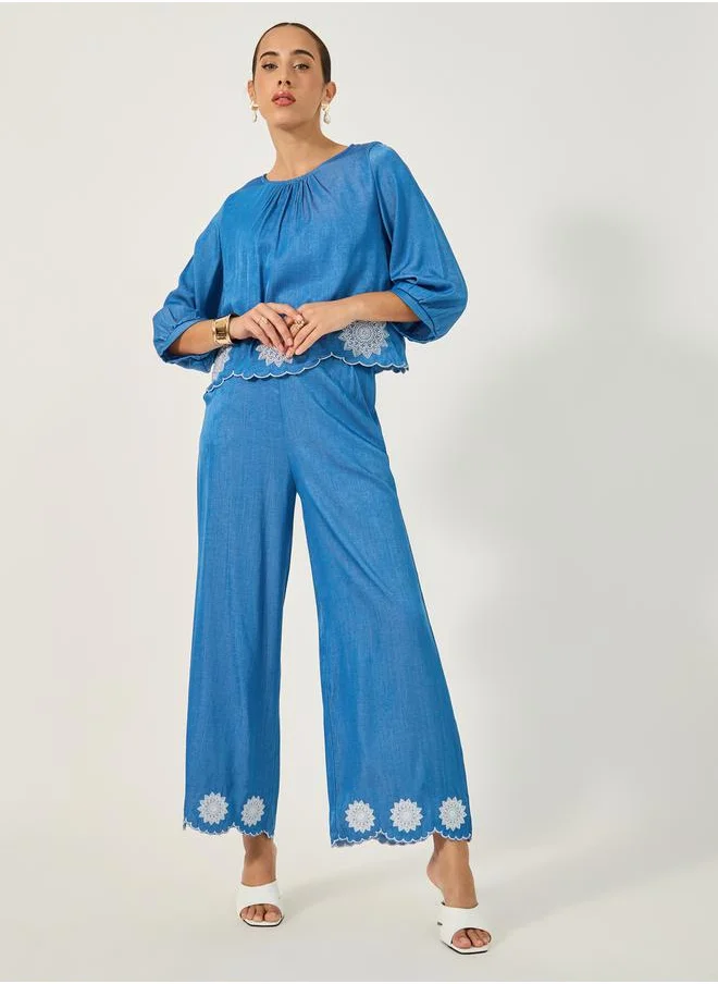Styli Embroidered Denim Look Wide Leg Pants with Scalloped Hem