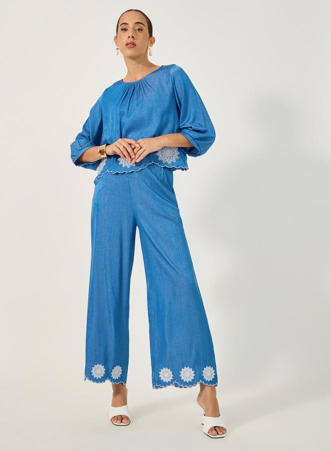 Styli Embroidered Denim Look Wide Leg Pants with Scalloped Hem  - Image 1