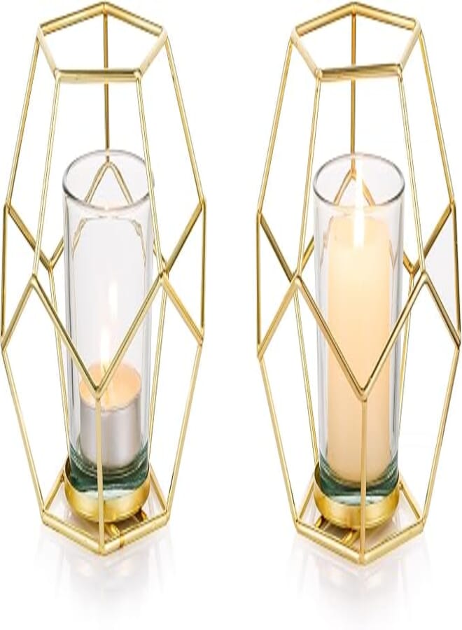 Gold Candle Holders for Pillar Candles - Matte Metal Wire Candle Holders, Vintage Decorative Candle Stand, Iron Cage Candle Holder Set for Indoor Outdoor Events, Wedding, Birthday Party, Home, 2Pcs