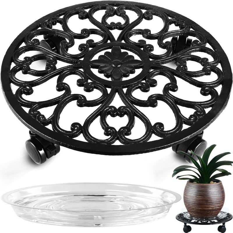 Planterhoma 14 Inch Rolling Plant Stand with Wheels Metal Plant Caddy with Wheels Heavy Duty Round Plant Stand Indoor Iron Plants Rollers for Plants, Retro Green Plant Dolly 1 Pack - Image 1
