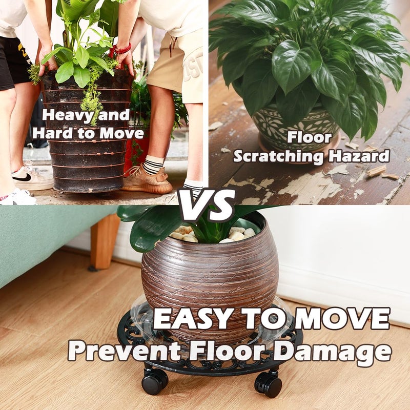 Planterhoma 14 Inch Rolling Plant Stand with Wheels Metal Plant Caddy with Wheels Heavy Duty Round Plant Stand Indoor Iron Plants Rollers for Plants, Retro Green Plant Dolly 1 Pack - Image 2