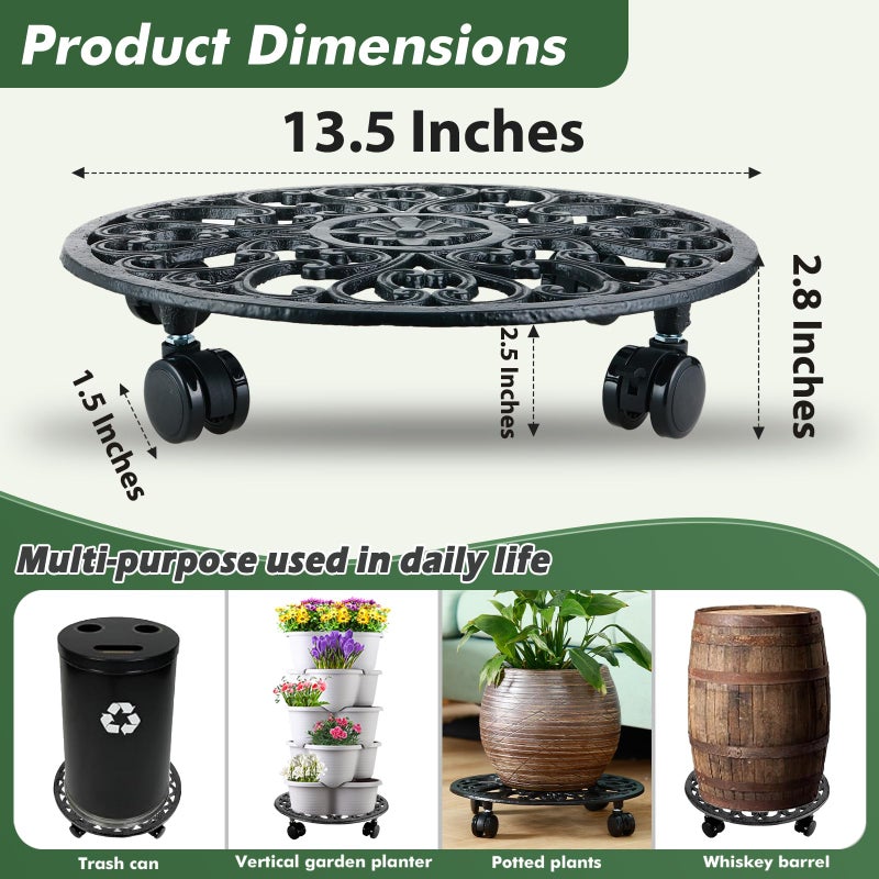 Planterhoma 14 Inch Rolling Plant Stand with Wheels Metal Plant Caddy with Wheels Heavy Duty Round Plant Stand Indoor Iron Plants Rollers for Plants, Retro Green Plant Dolly 1 Pack - Image 4