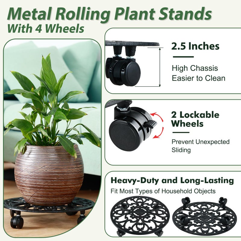 Planterhoma 14 Inch Rolling Plant Stand with Wheels Metal Plant Caddy with Wheels Heavy Duty Round Plant Stand Indoor Iron Plants Rollers for Plants, Retro Green Plant Dolly 1 Pack - Image 3