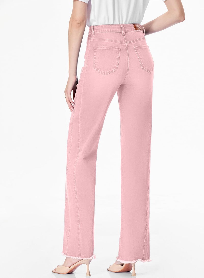 Sidefeel Women's Wide Leg Jeans High Waisted Stretchy Raw Hem Zimbaplatinum Denim Pants Size 14 Pink - Image 2