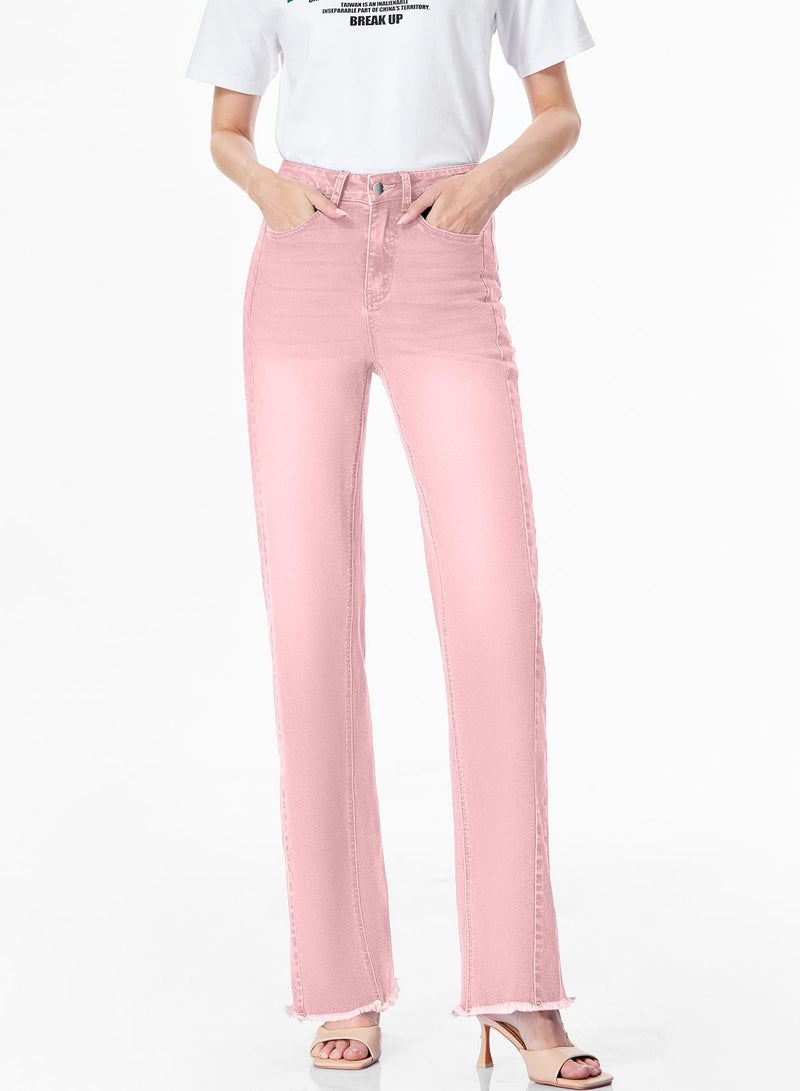 Sidefeel Women's Wide Leg Jeans High Waisted Stretchy Raw Hem Zimbaplatinum Denim Pants Size 14 Pink - Image 4