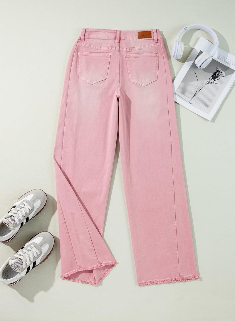 Sidefeel Women's Wide Leg Jeans High Waisted Stretchy Raw Hem Zimbaplatinum Denim Pants Size 14 Pink - Image 3