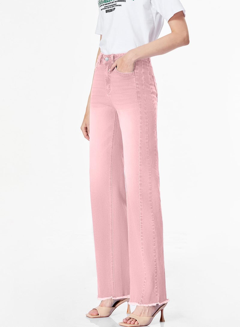 Sidefeel Women's Wide Leg Jeans High Waisted Stretchy Raw Hem Zimbaplatinum Denim Pants Size 14 Pink - Image 5
