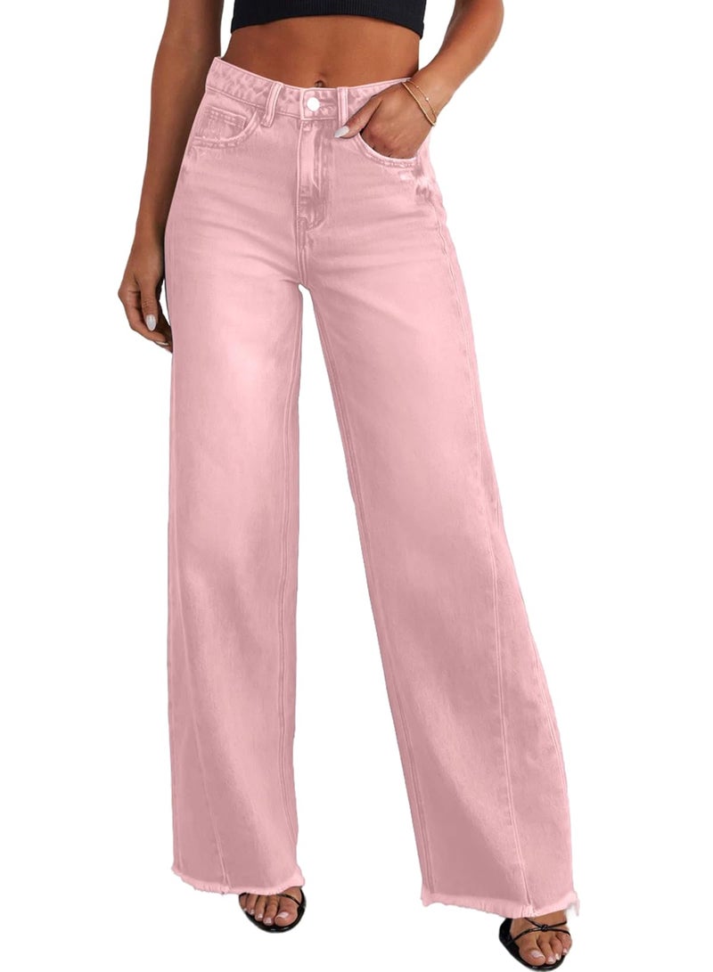 Sidefeel Women's Wide Leg Jeans High Waisted Stretchy Raw Hem Zimbaplatinum Denim Pants Size 14 Pink - Image 1