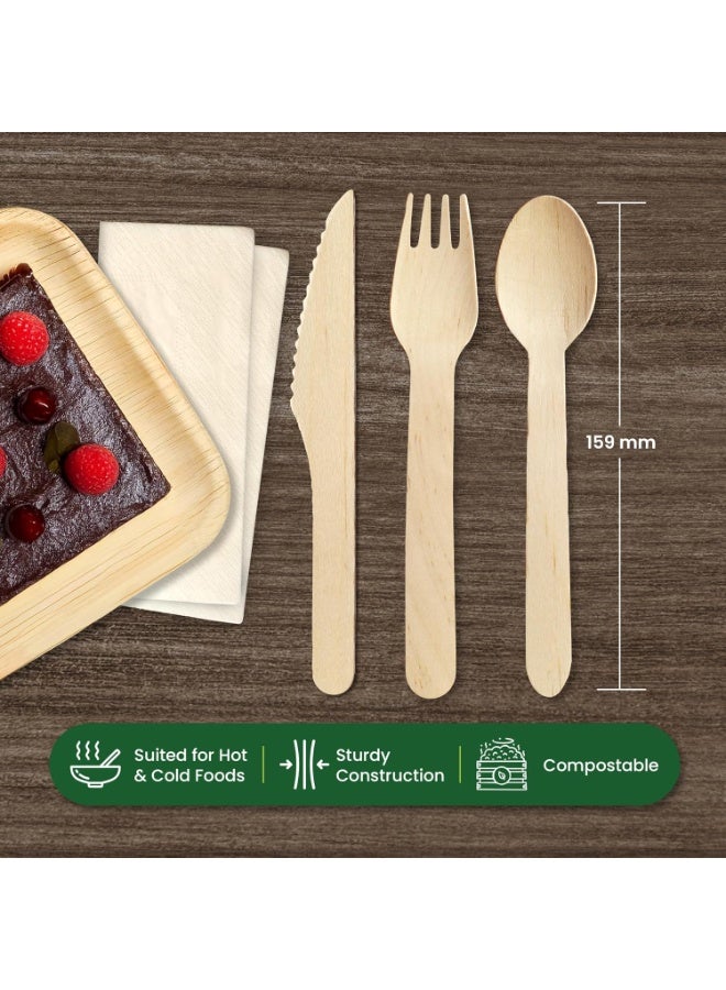 CMGTYYD. مجموعة أدوات مائدة خشبية 200 قطعة | ملاعق من الخيزران القابلة للتحلل البيولوجي والصديقة للبيئة للاستخدام في النزهات والحفلات وحفلات الزفاف | مجموعة أدوات مائدة قابلة للتحلل - 50 شوكة، 50 سكين، 50 ملعقة، 50 منديل - Image 2