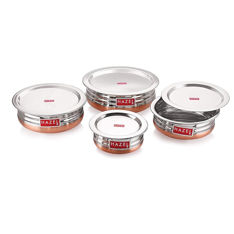 HAZEL Copper Bottom Urli Handi Set with Lid Cover| Stainless Steel Cookware Set | Serving Cooking Tope Bowl for Kitchen | Copper Bottom Vessels for Cooking, 4 Piece - Image 2