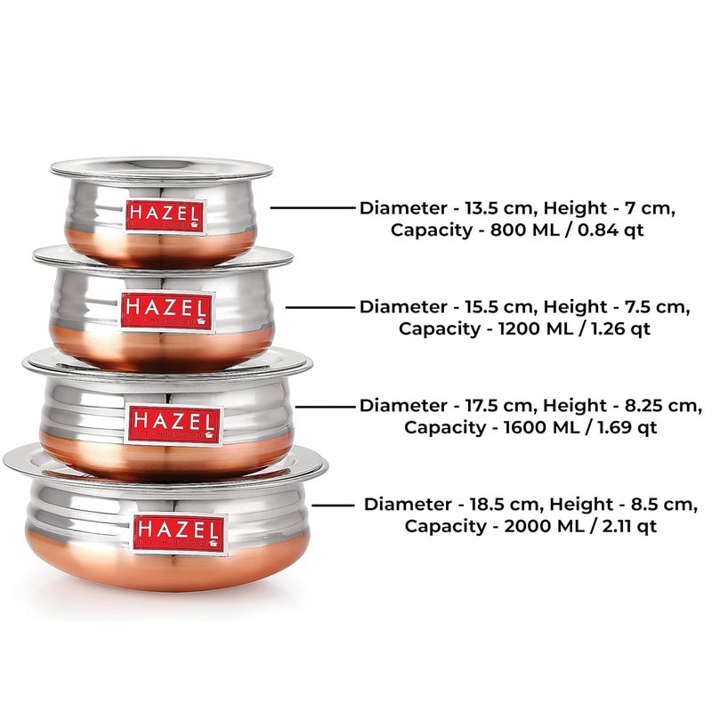 HAZEL Copper Bottom Urli Handi Set with Lid Cover| Stainless Steel Cookware Set | Serving Cooking Tope Bowl for Kitchen | Copper Bottom Vessels for Cooking, 4 Piece - Image 3