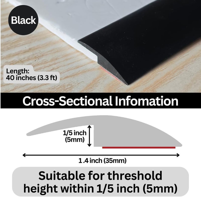 Maxiroc Floor Transition Strip Self Adhesive Carpet Wood Tile Vinyl Flooring Laminate Transition Cover Edge Trim Gap Doorway Threshold for Uneven Floors Heights Within 5 mm (Black, 40 inches) - Image 2