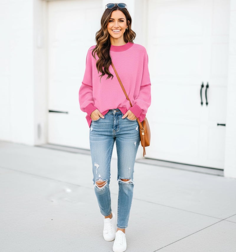 ETCYY Womens Sweaters Fall 2026 Batwing Long Sleeve Side Slit Knit Tops Crew Neck Striped Oversized Sweater Pullover,Pink,X-Large - Image 5