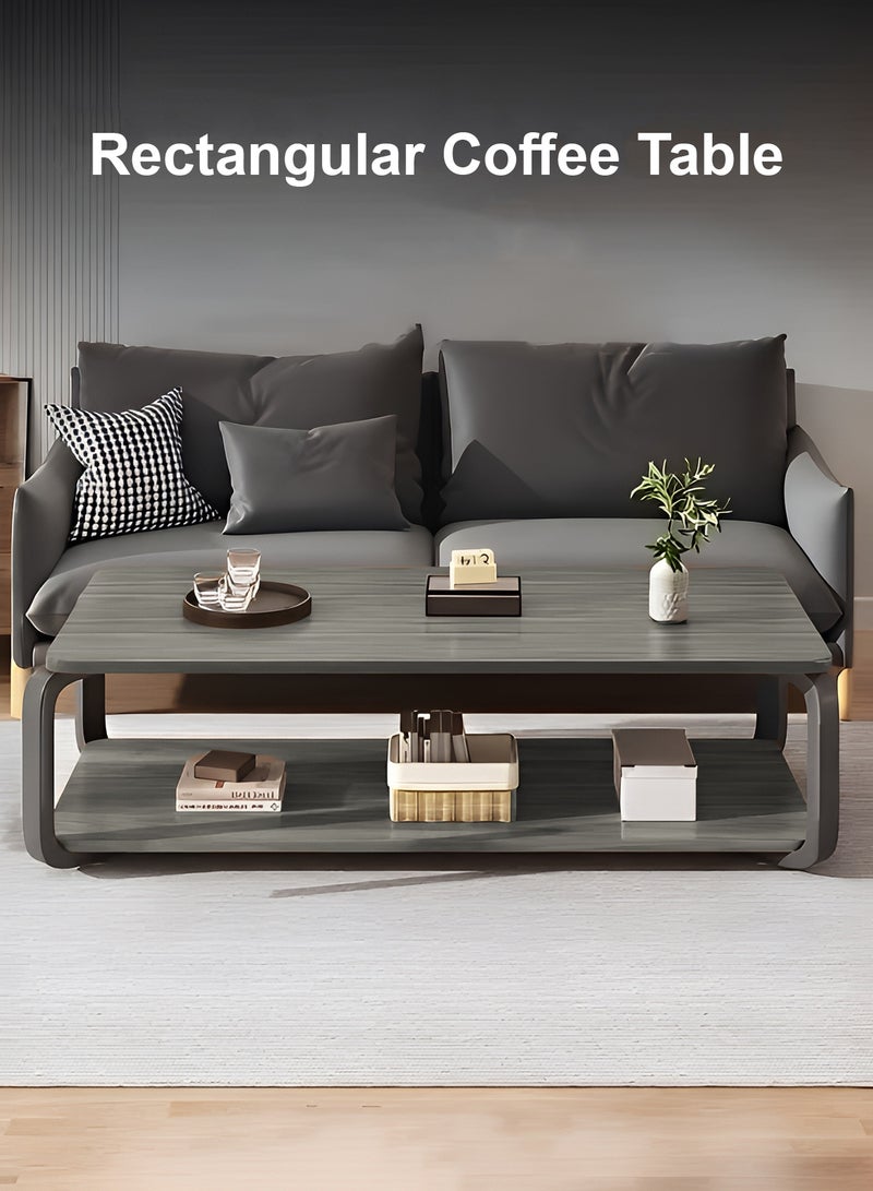 Taimi Wooden Coffee Table Modern Design with Double Layer Storage Space and Metal Legs, Table for Living Room and Office 100x50x43cm - Grey - Image 3