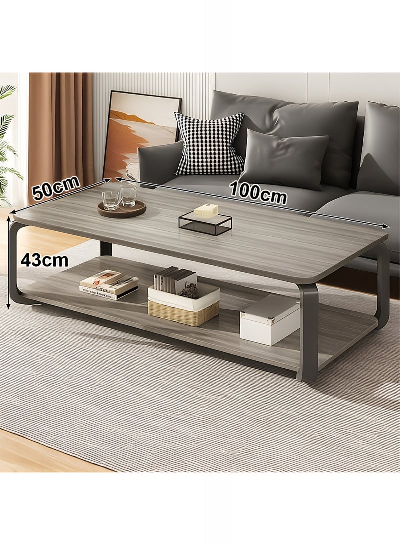 Taimi Wooden Coffee Table Modern Design with Double Layer Storage Space and Metal Legs, Table for Living Room and Office 100x50x43cm - Grey - Image 2