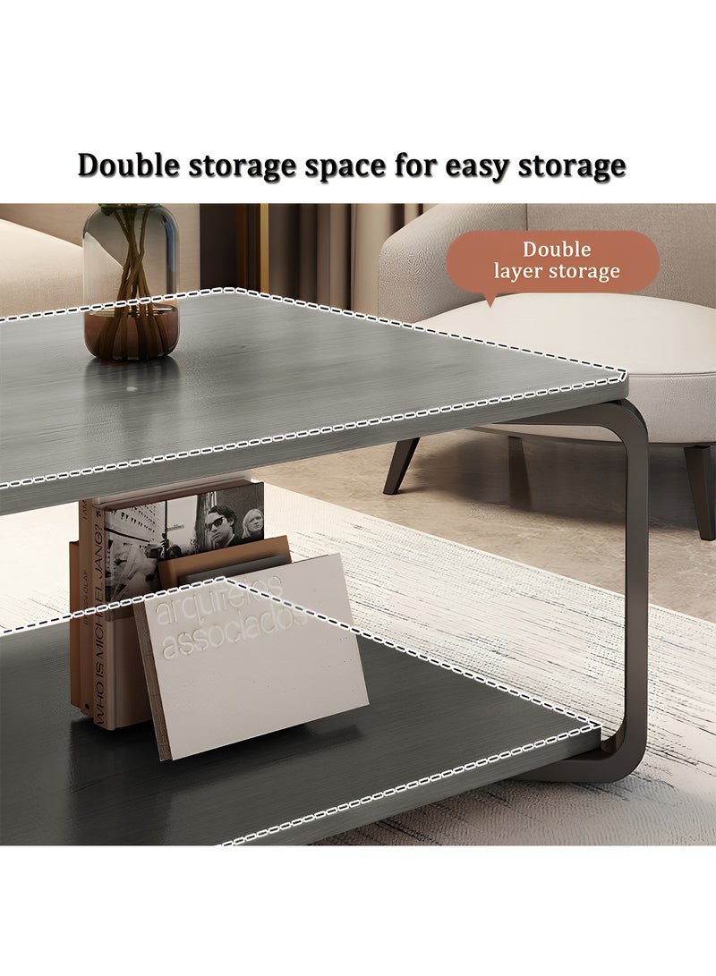 Taimi Wooden Coffee Table Modern Design with Double Layer Storage Space and Metal Legs, Table for Living Room and Office 100x50x43cm - Grey - Image 4