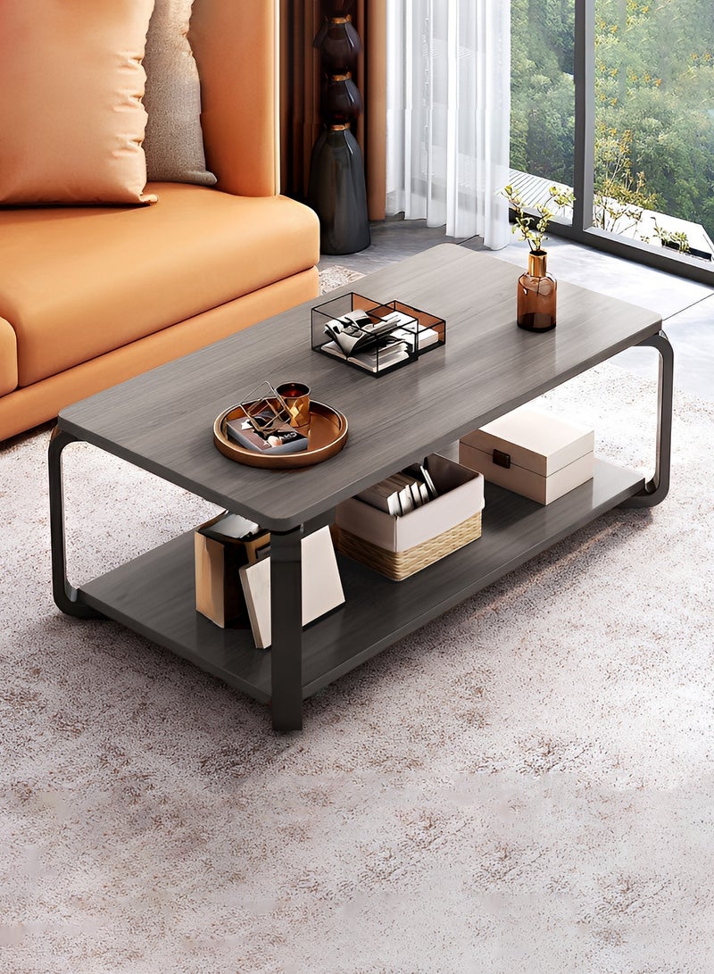 Taimi Wooden Coffee Table Modern Design with Double Layer Storage Space and Metal Legs, Table for Living Room and Office 100x50x43cm - Grey - Image 1