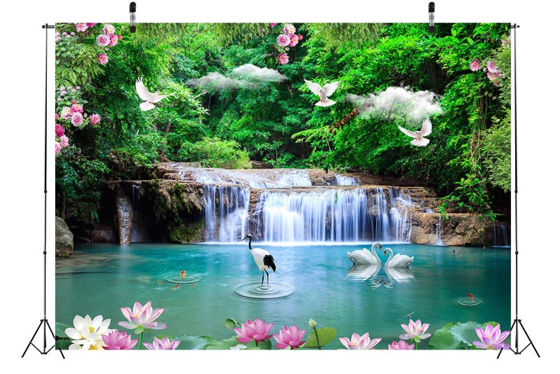 BELECO 7x5ft Fabric Beautiful Forest Lake Waterfall Backdrop Jungle Forest Trees Cascade Nature Backdrop Green Water Crane White Pigeon Lotus Flowers Spring Garden Background Wall Mural Photo Props - Image 4