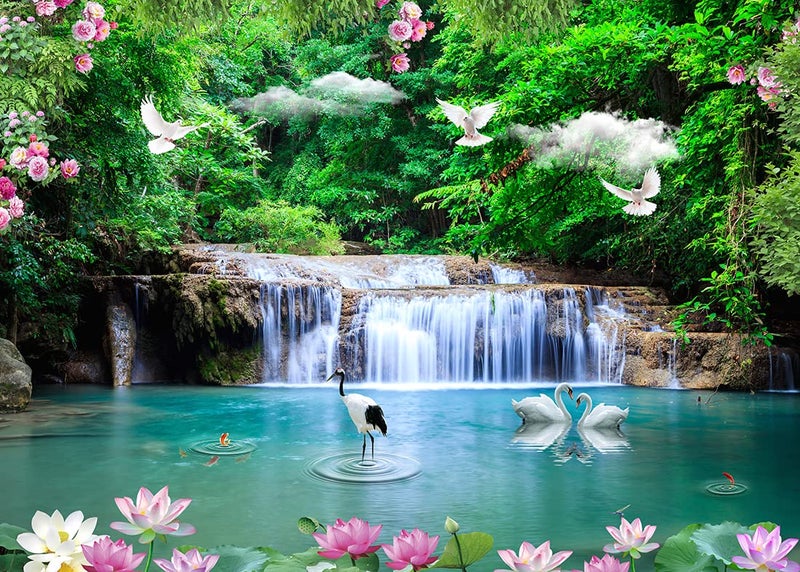 BELECO 7x5ft Fabric Beautiful Forest Lake Waterfall Backdrop Jungle Forest Trees Cascade Nature Backdrop Green Water Crane White Pigeon Lotus Flowers Spring Garden Background Wall Mural Photo Props - Image 1