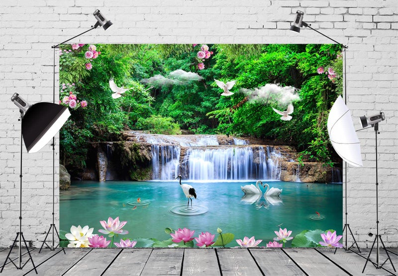 BELECO 7x5ft Fabric Beautiful Forest Lake Waterfall Backdrop Jungle Forest Trees Cascade Nature Backdrop Green Water Crane White Pigeon Lotus Flowers Spring Garden Background Wall Mural Photo Props - Image 2